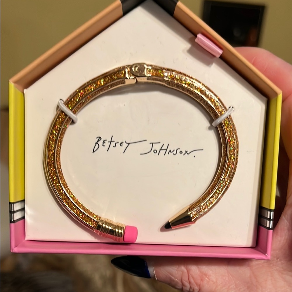 Betsey Johnson Gold Glittery Pencil Hinged Bangle with Pink and Black Tips